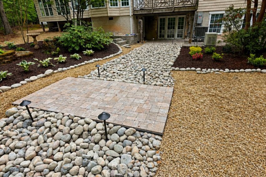 Custom landscape design with river-rock dry creek, paver landing, hostas, and pine straw — Garrison Landscaping