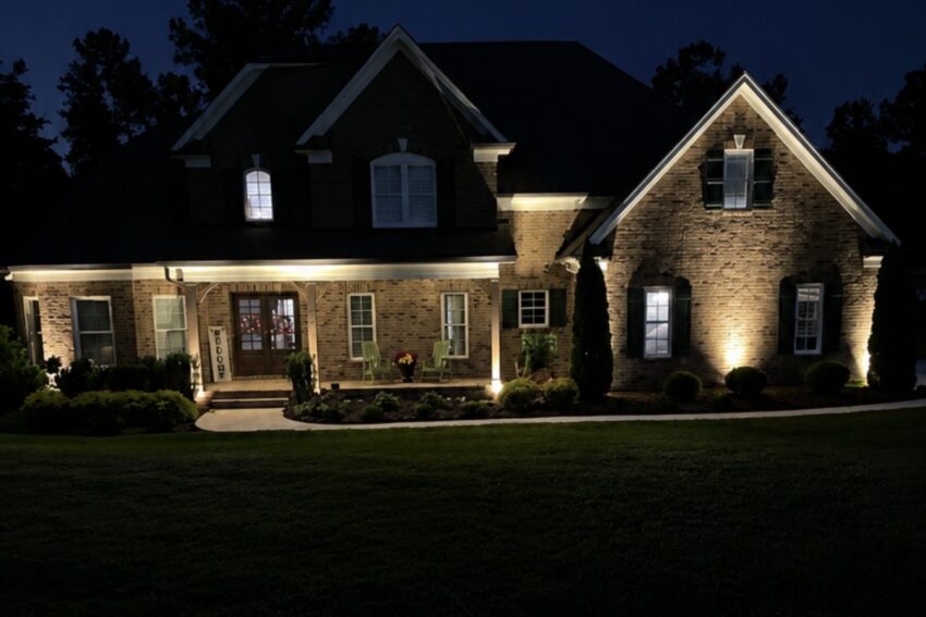 Warm LED landscape uplighting on brick facade and porch at night — Garrison Landscaping