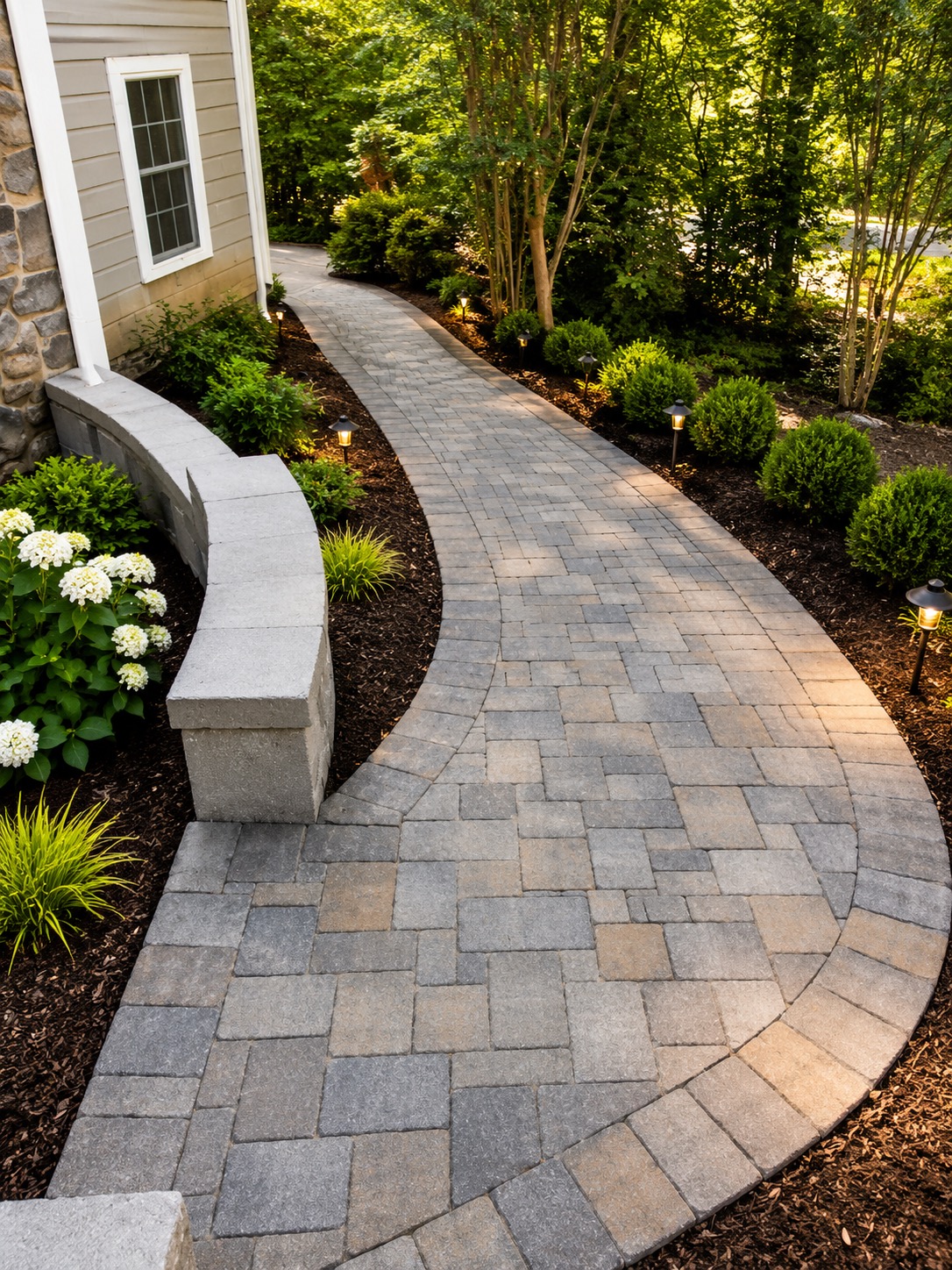 Curved paver stone walkway lined with landscape path lights, boxwoods, and hydrangeas — Garrison Landscaping