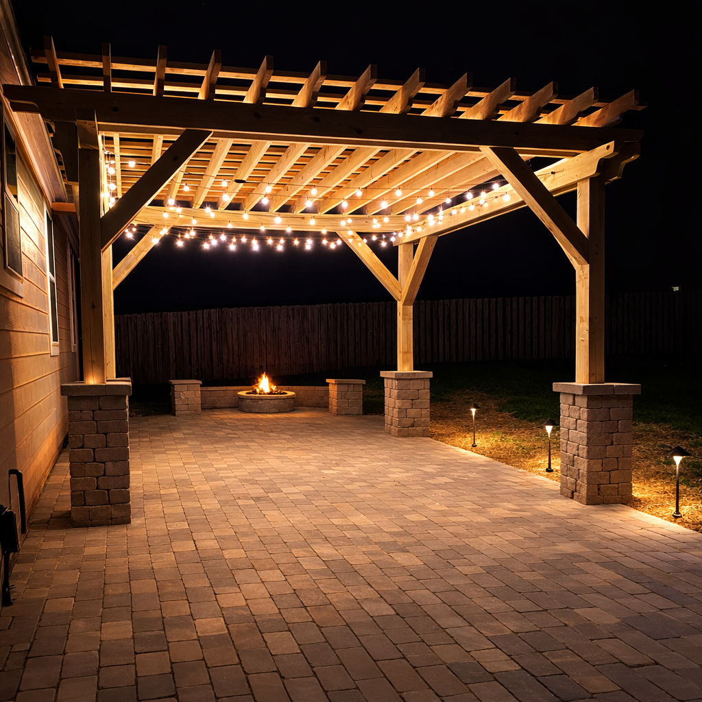 Cedar pergola with string lights and stone pillars over paver patio at night — Garrison Landscaping