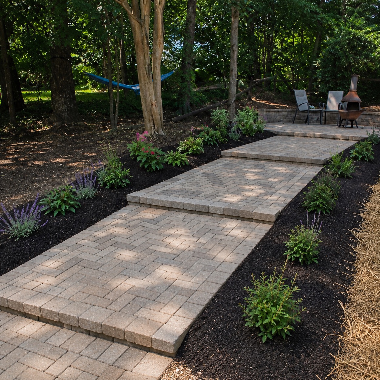 Custom softscape planting design with paver path and lavender plants — Garrison Landscaping