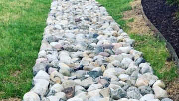 Multicolor river rock dry creek bed running through a backyard lawn