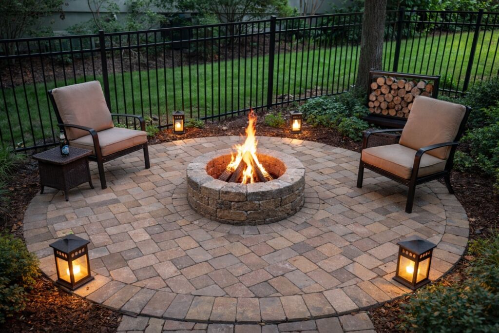 Outdoor Fireplace or Fire Pit: Which Is Right for Your Backyard? 4 Circular paver patio with a stone fire pit, lounge chairs and lanterns in a fenced backyard