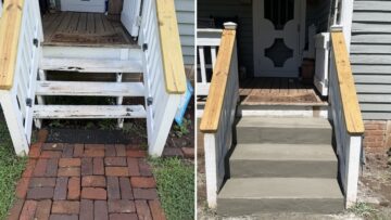 Before and after: worn wooden porch steps replaced with solid poured concrete steps and new handrails