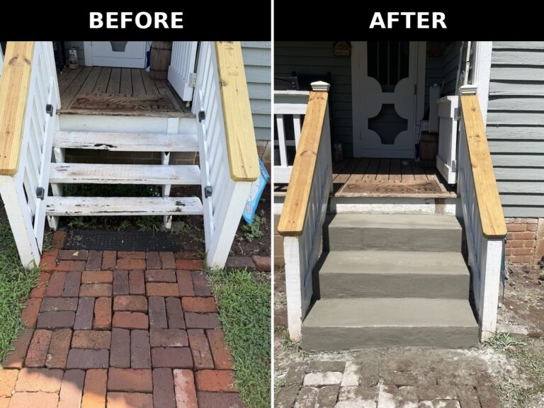 Custom Outdoor Steps & Stairways in Guilford, Rockingham and Surrounding Counties 3 Before and after: worn wooden porch steps replaced with solid poured concrete steps and new handrails