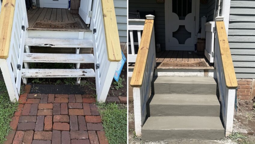 Before and after: worn wooden porch steps replaced with solid poured concrete steps and new handrails