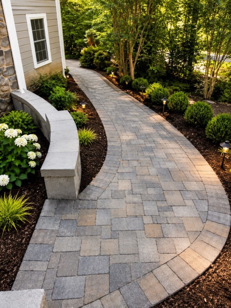 Fall Checklist: Protecting Your Hardscapes Before Winter 4 Curved paver walkway beside a stone seating wall with landscape path lights, hydrangeas and mulch beds