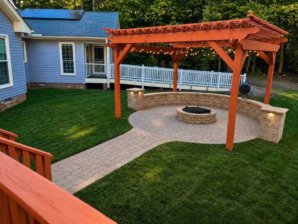 Paver Patio Ideas for Piedmont Triad Homes 13 Round paver fire pit patio with a curved stone seating wall, cedar pergola and string lights