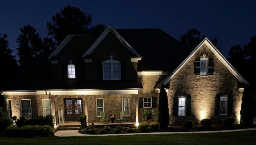 Brick home with warm architectural landscape lighting at night