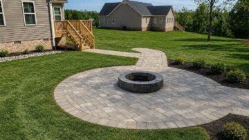Fresh sod installed around a circular paver fire pit patio and walkway