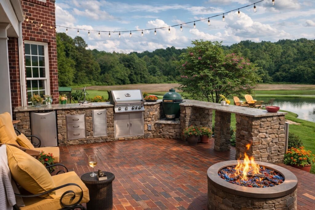 Planning an Outdoor Kitchen in North Carolina: What to Know Before You Build 7 Stone outdoor kitchen with grill, Big Green Egg and raised bar on a brick paver patio with a gas fire pit