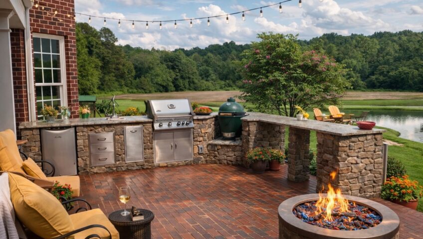 Stone outdoor kitchen with grill, Big Green Egg and raised bar on a brick paver patio with a gas fire pit