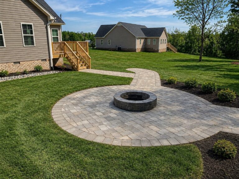 Circular paver patio with a stone fire pit connected to the house by a curving paver walkway