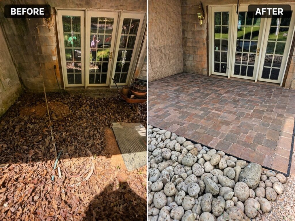 Paver Patio Ideas for Piedmont Triad Homes 14 Before and after: leaf-covered dirt area outside French doors transformed into a paver patio with river rock border