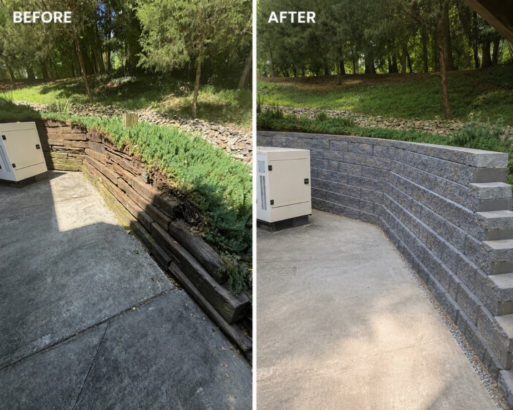 Retaining Walls 101: When You Need One and How They’re Built to Last 3 Before and after: rotting timber retaining wall replaced with a curved segmental block wall with integrated steps