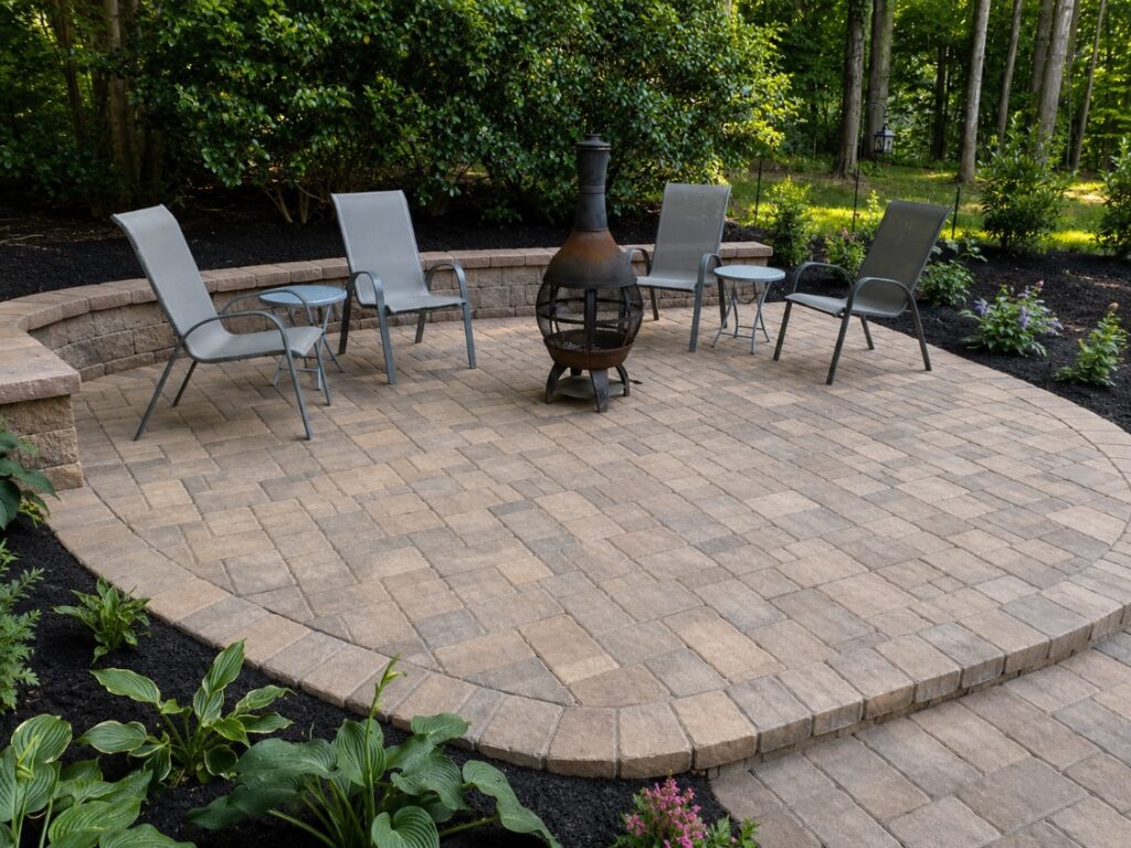 Paver Patio Ideas for Piedmont Triad Homes 12 Circular paver patio with a curved block seating wall, chiminea and mulched planting beds