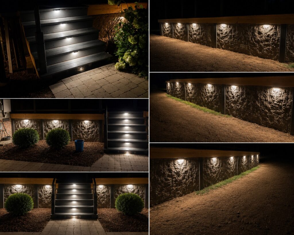 Landscape Lighting Guide: How to Light Your Home and Outdoor Living Spaces 4 Collage of deck step riser lights and under-cap retaining wall lighting at night
