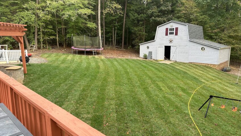 Thick, healthy striped backyard lawn beside a barn
