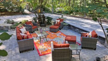 Paver patio with seating area, fountain and stone wall in Greensboro, NC by Garrison's Landscaping
