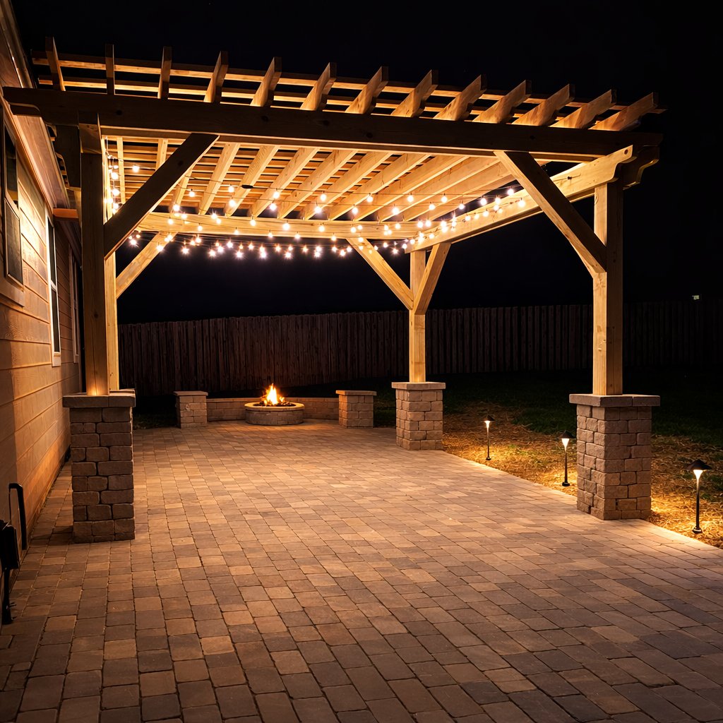 Cedar pergola with string lights and stone pillars over paver patio at night — Garrison Landscaping